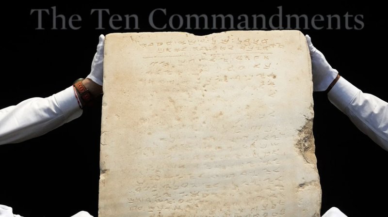 Stentavlan, som tros vara över 1 200 år gammal, har sålts på Sotheby’s i New York. Tavlan innehåller de tio budorden. Foto: Richard Drew/AP/TT Stentavlan, som tros vara över 1 200 år gammal, har sålts på Sotheby’s i New York. Tavlan innehåller de tio budorden. Foto: Richard Drew/AP/TT